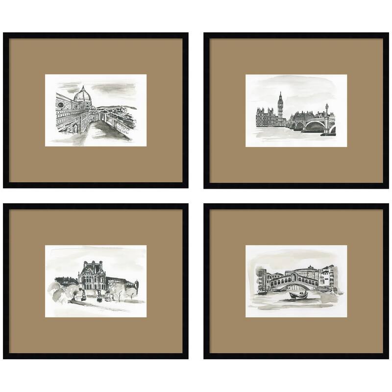 Kate and Laurel Vintage Europe 4 Piece Framed Wall Art Print Set by Teju Reval Brown Mat - 4 Piece Set 21x25 - Black