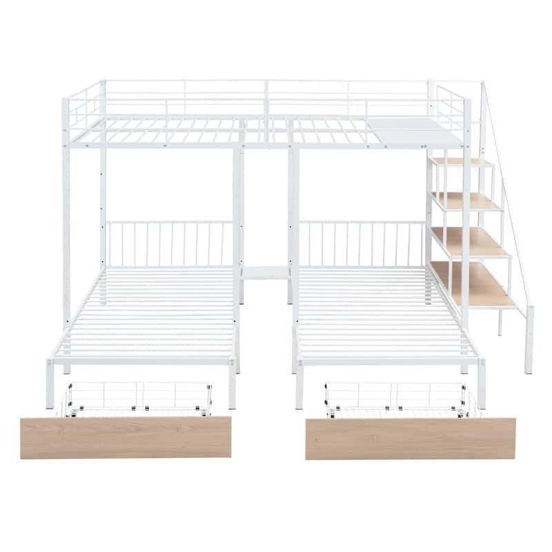 Full over Twin over Twin Metal Triple Bunk Bed with Drawers, Staircase