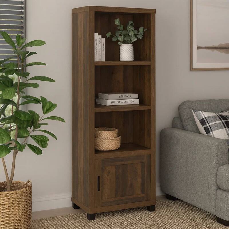 Sac 71 Inch Media Pier Tower with 3 Shelves and Cabinet, Dark Pine Wood
