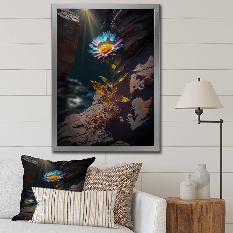 Designart "Fierce Blue Mountain Flower Captures Sunshine" Flowers Framed Canvas Prints - 12 in. wide x 20 in. high - Silver