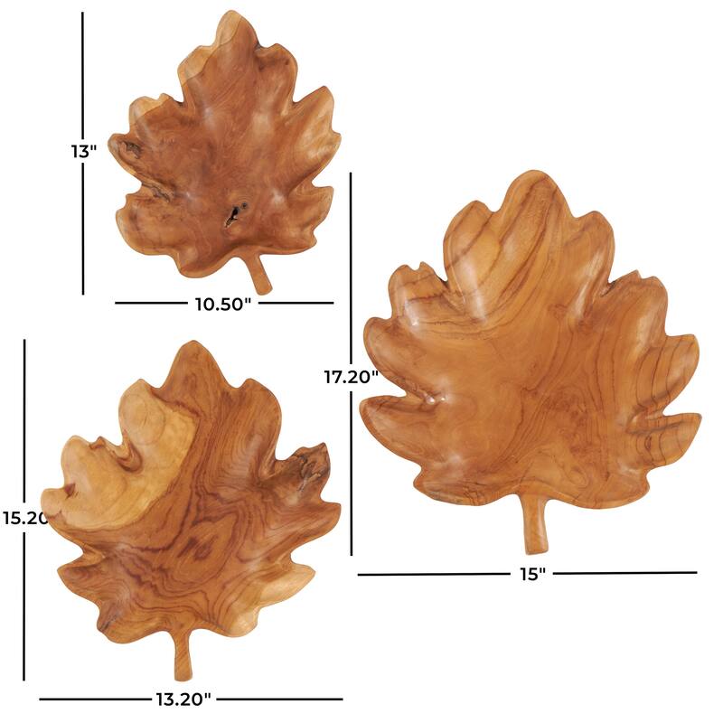 Brown Teak Wood Handmade Carved Leaf Living Room Decor Tray (Set of 3)