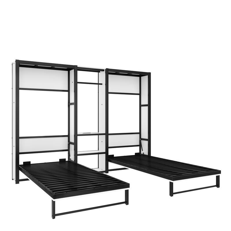 Twin/Twin Size MDF Murphy Bed with Wardrobe and Shelves,Power Outlets