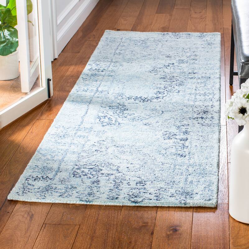 SAFAVIEH Handmade Marquee Bastrie Rug - 2'6" x 8' Runner - Light Blue/Navy