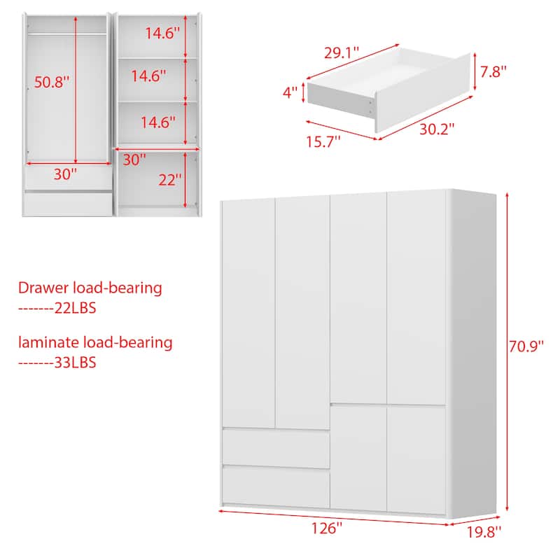 126"x70.9" Modern White Wardrobe with Hanging Rod & Two Drawers - Curved Side Design