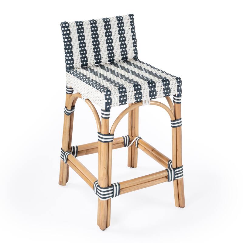 Serienna 24.5"H Seat Rattan Low Back Counter Stool - Navy/White Stripe