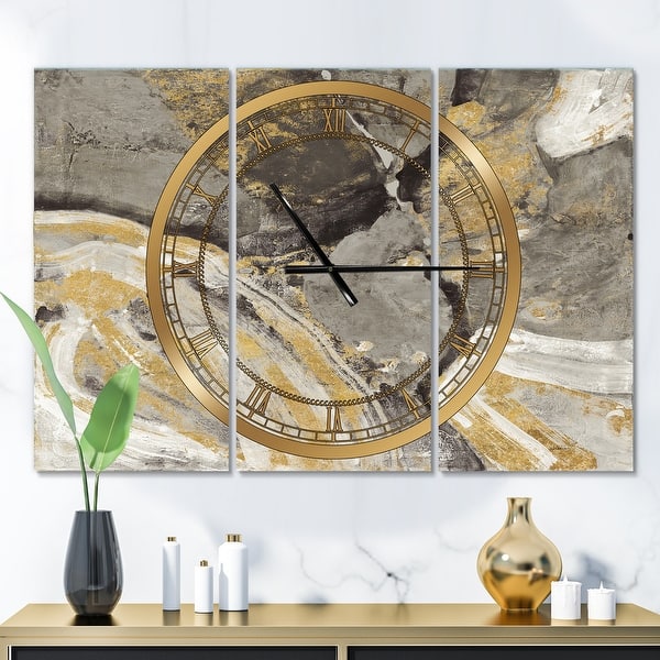 slide 2 of 6, Designart 'Glam Phoenix Neutral' Glam 3 Panels Large Wall CLock - 36 in. wide x 28 in. high - 3 panels