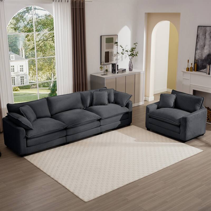 2-Piece Flexible Combinations Sofa Set with 3-Seater Corduroy Fabric Sofa and Single Accent Sofa Chair for Livingroom