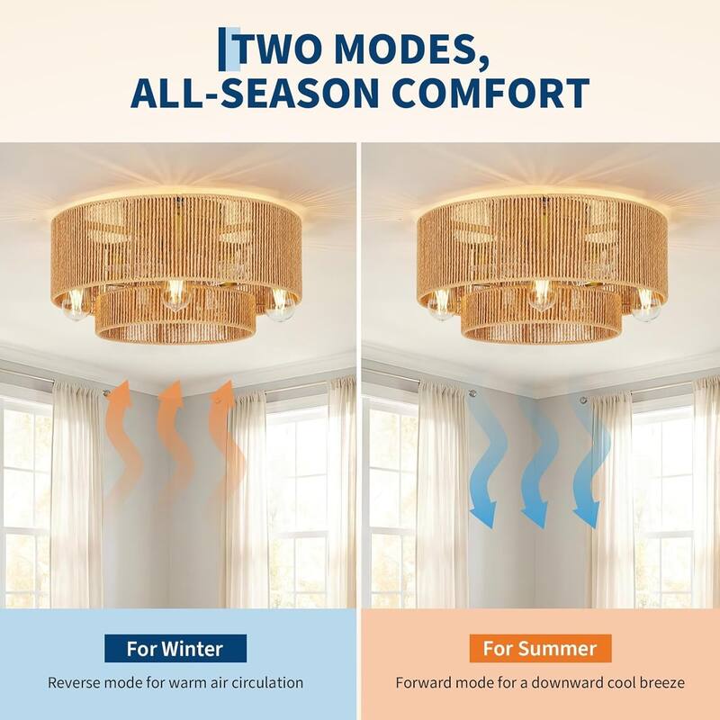 20" Rattan Boho Ceiling Fan with Light Flush Mount, 6 Speeds Reversible for Living Room Bedroom