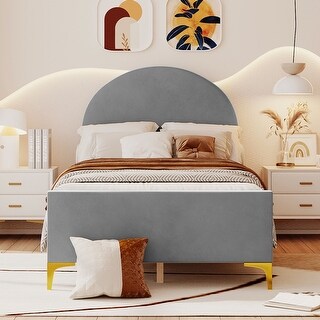 Twin Size Velvet Upholstered Platform Bed with Classic Semi-circle Shaped Headboard and Mental Legs for Kids Teens Adults, Gray