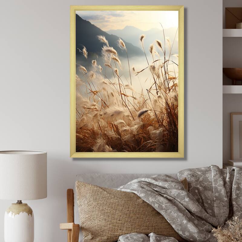Designart "Ivory Island Meadows Mountain View" Palms & Palm Trees Framed Canvas Prints - 24 in. wide x 32 in. high - Gold