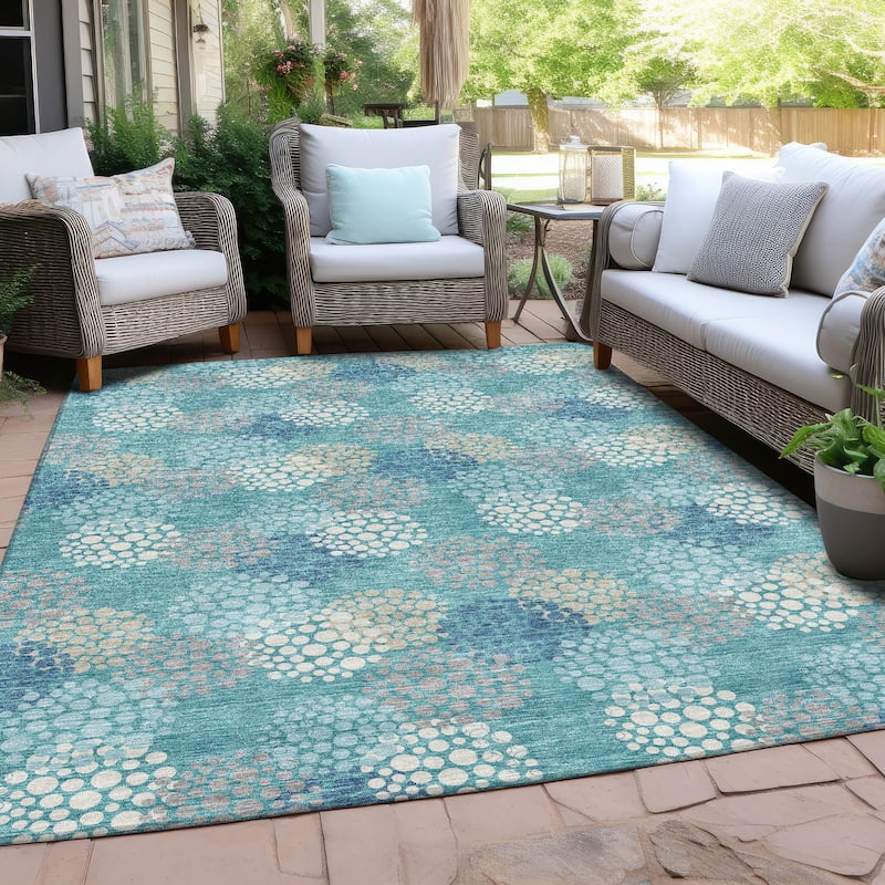 Machine Washable Indoor/ Outdoor Chantille Modern Bubbles Rug - Teal - 9' x 12'