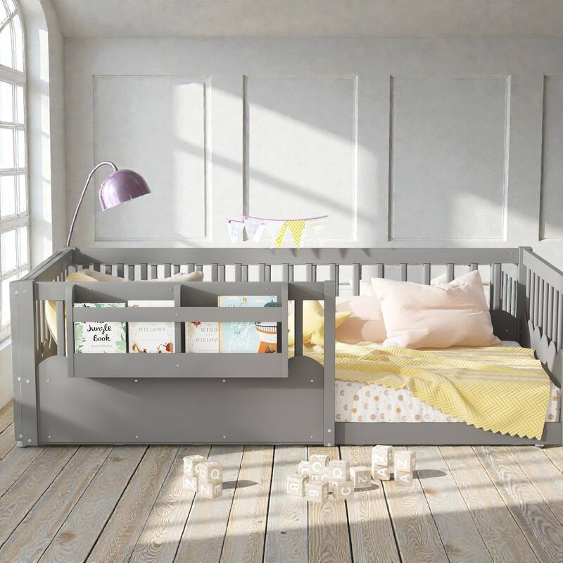 Twin Floor Bed with Heightened Fence and Bookshelf, Wooden Montessori Floor Bed for Kids, Low Profile Design