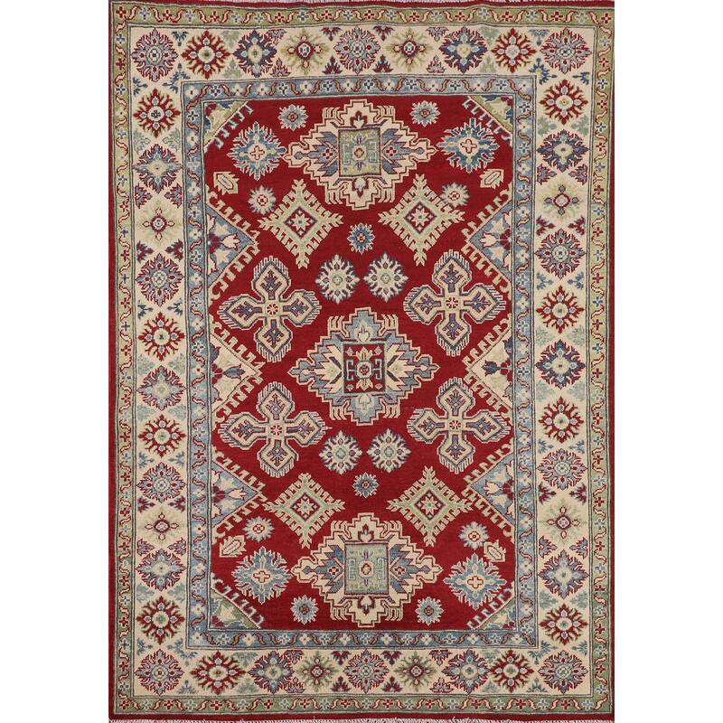 Traditional Kazak Area Rug Hand-Knotted Red Wool Carpet - 4'11" x 6'6"