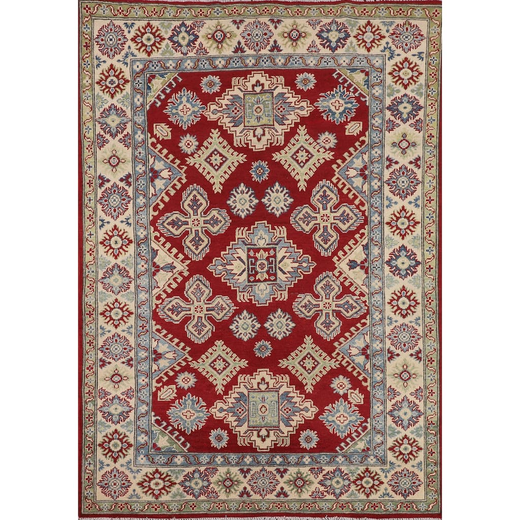Traditional Kazak Area Rug Hand-Knotted Red Wool Carpet - 4'11" x 6'6"