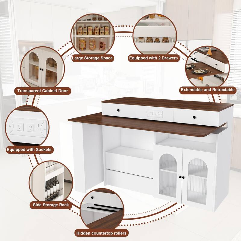 Kitchen Island with Extendable & Rotating Table, Kitchen Table with Power Outlet, 4 Drawers & Glass Door Cabinets