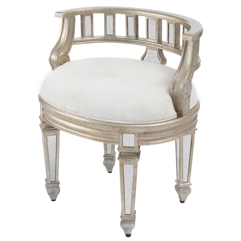 HomeRoots 21" Cream Linen And Silver Metallic Round Ottoman
