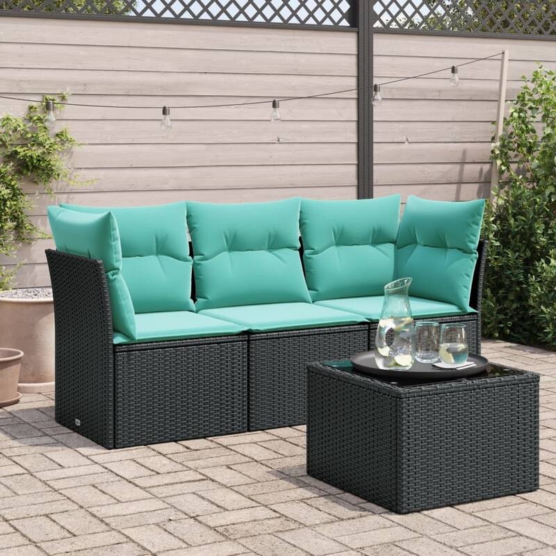 vidaXL 4 Piece Patio Sofa Set with Cushions Black Poly Rattan - 24.4 x 24.4 x 27.2