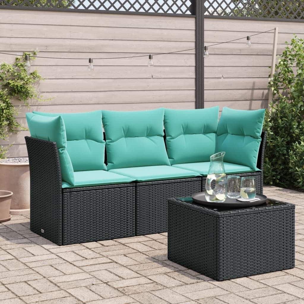 vidaXL 4 Piece Patio Sofa Set with Cushions Black Poly Rattan - 24.4 x 24.4 x 27.2