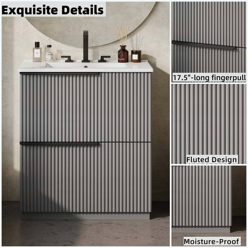 30 Inch Freestanding Bathroom Vanity with Ceramic Sink,Full-Extension Drawers,and Fluted Design