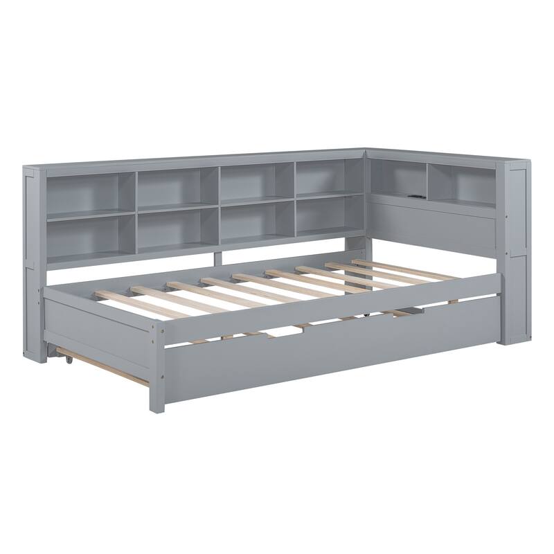 Wooden Twin Size DayBed with Twin Size Trundle, DayBed with Storage Shelf and USB Charging Ports