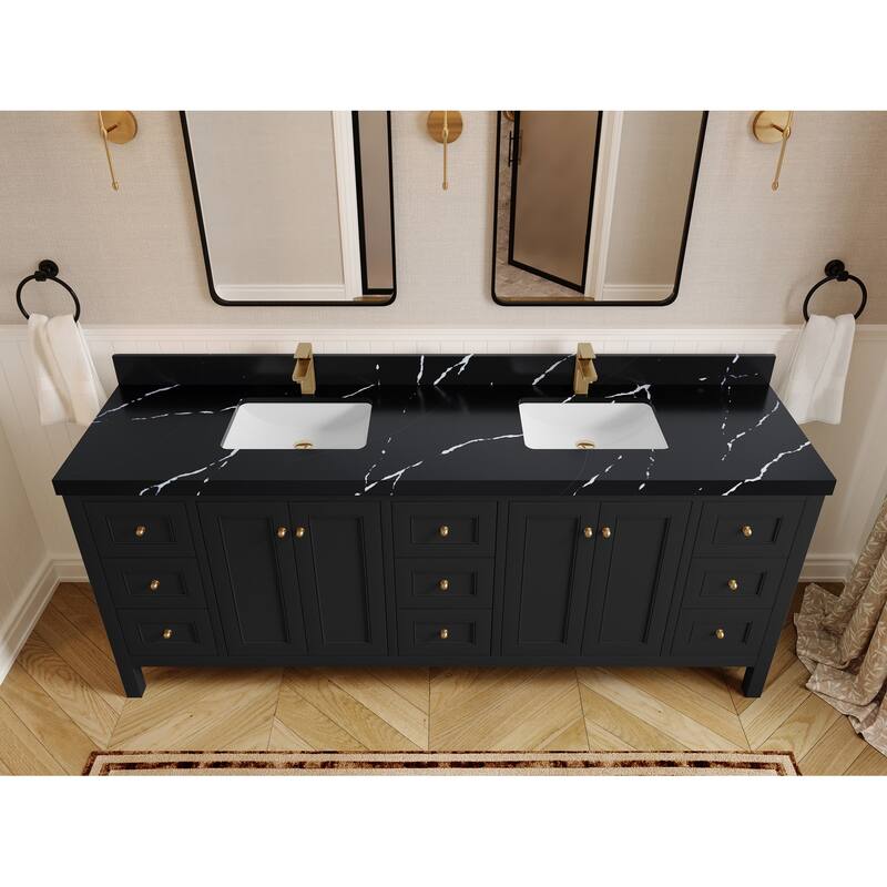 Willow Collections 84 in. W x 22 in. D Nashville Double Bowl Sink Bathroom Vanity with Countertop - 2"Calacatta Black - Black