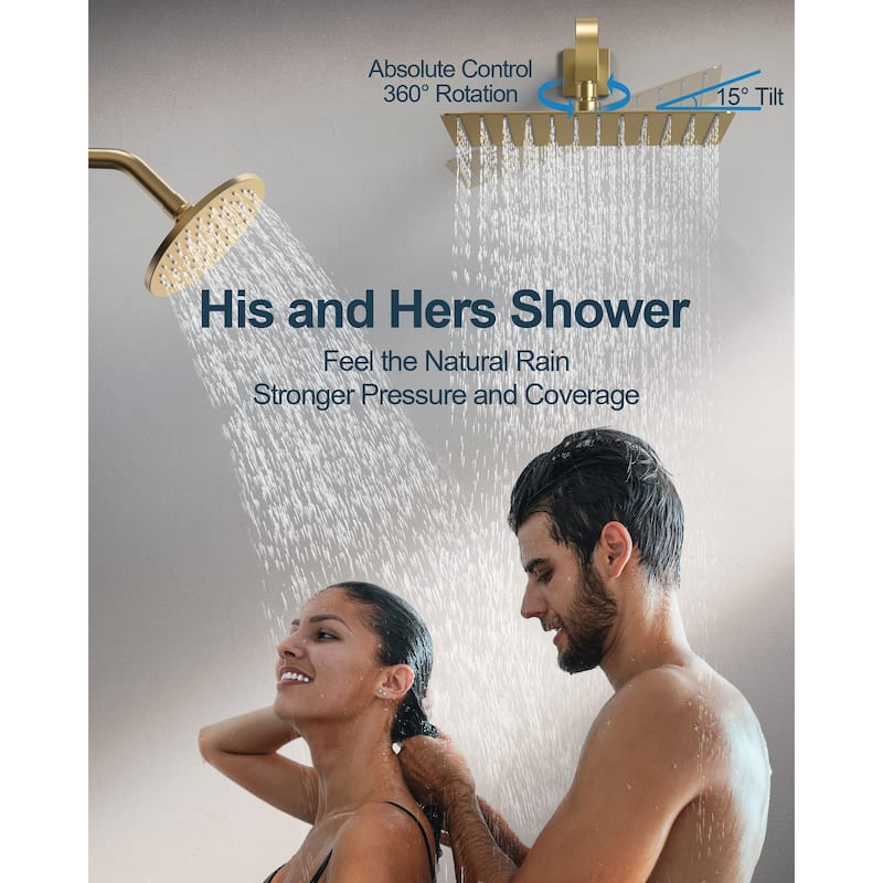 GRANDJOY Dual Shower Heads 12" Rainfall Thermostatic Shower System Faucet Set with Rough-in Valve