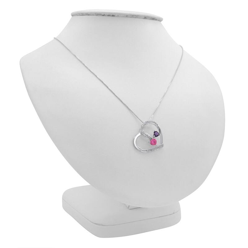 Amanda Rose Collection Pink Sapphire - Amethyst and Diamond Heart Pendant in Sterling Silver
