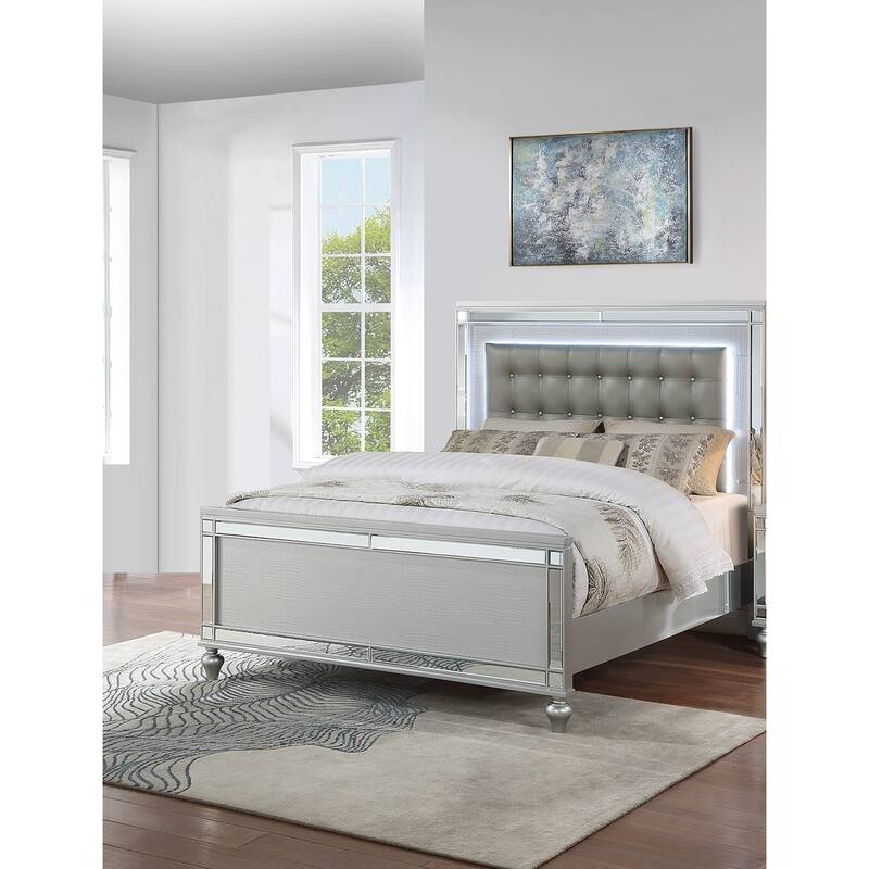 Contemporary Style 1pc Bed Set Button Tufted Headboard Glass Panel Silver Finish