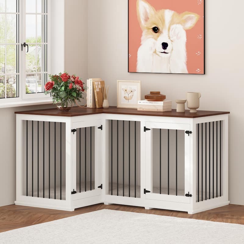 Large Corner Dog Crate Furniture for 2 Dogs, L Shape Dog Crate Cage - 58.7"X41.1"