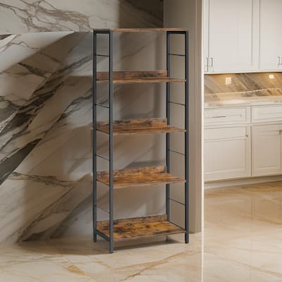 57 Inch Bookshelf, 4 Open Shelves, Black Steel Frame, Brown Wood Finish
