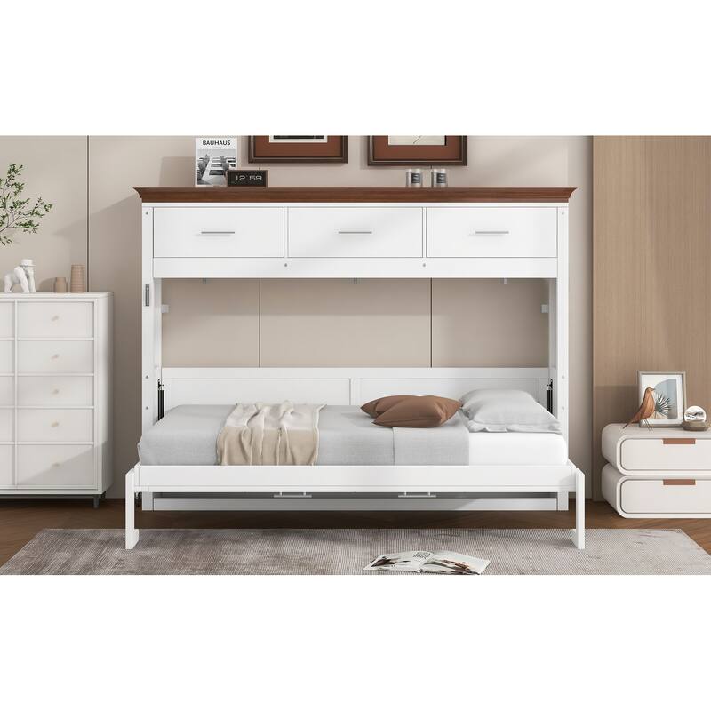 Space-Saving Twin Murphy Bed with 3 Drawers & Storage Shelf, White