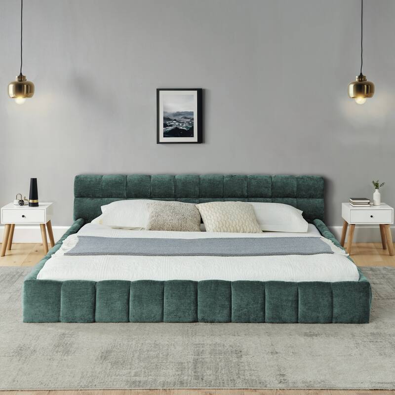 Block Thick Chenille Low Profile Platform Bed Fabric Upholstered Bedframe with Headboard Solid Wood Frame - Optional Storage Bed