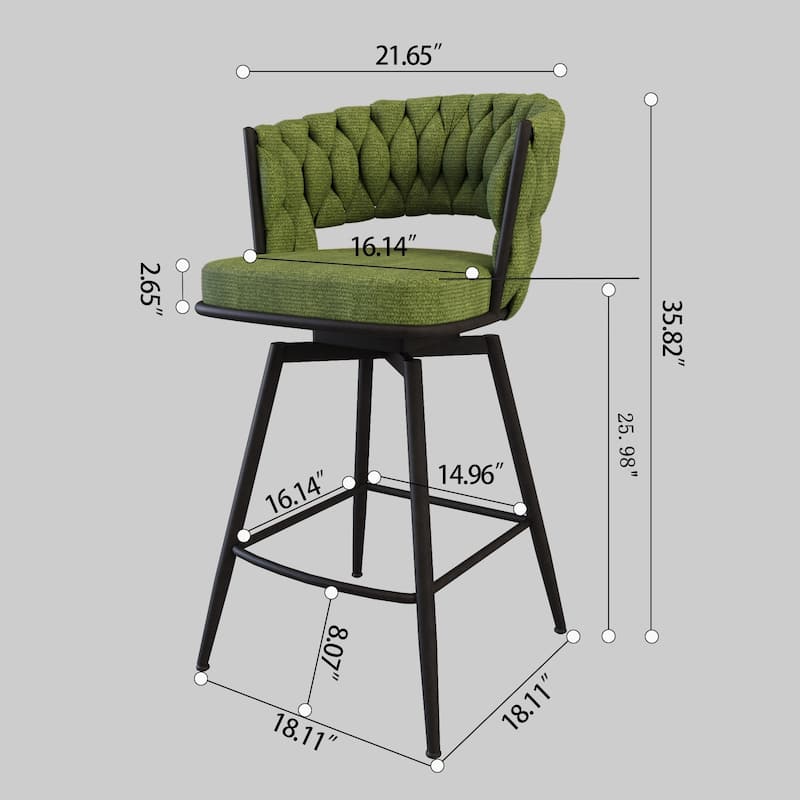 Swivel Accent Chairs Green Linen Armchairs Counter Bar Stool Set of 2 with Woven Backrest, Upholstered Seat and Black Footrest