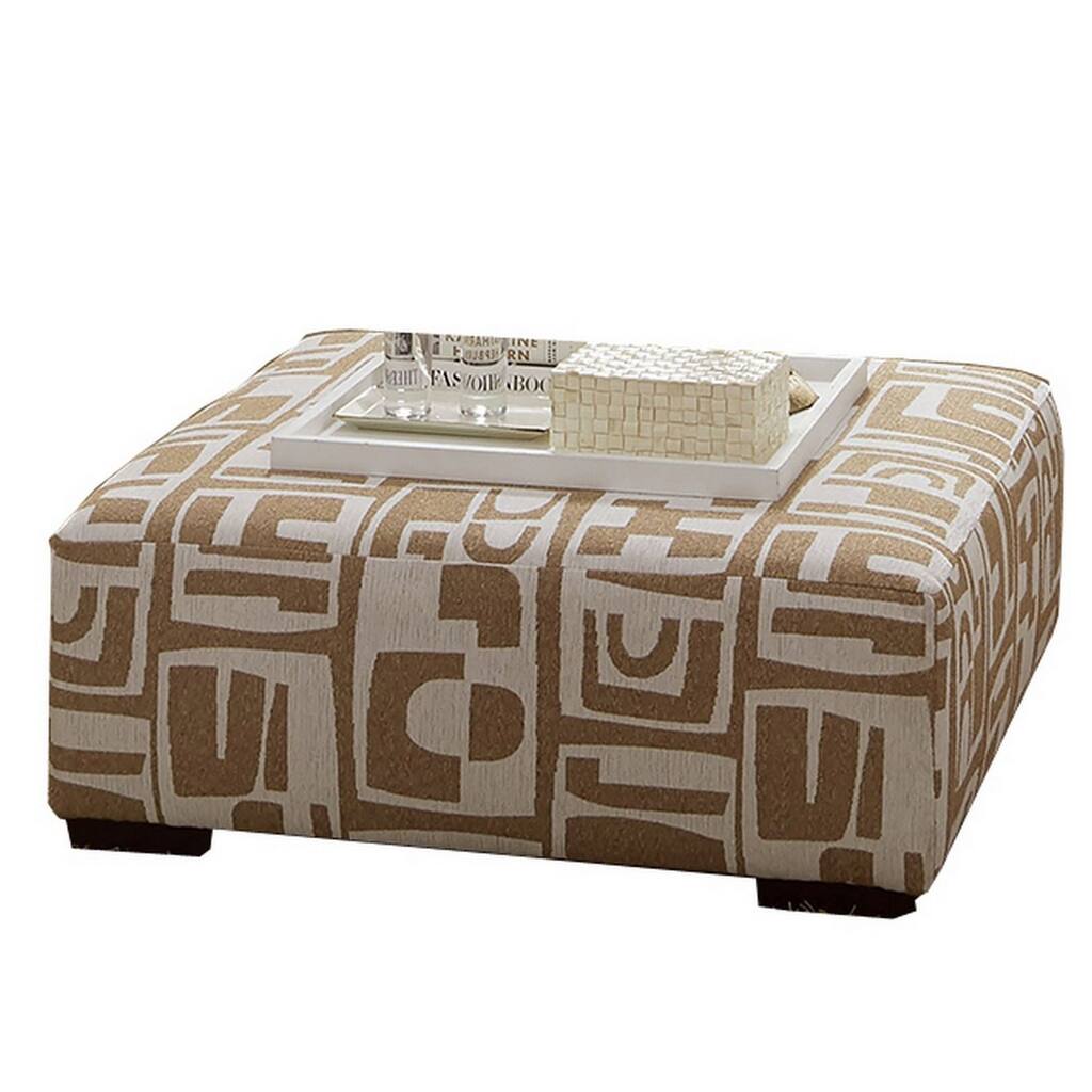42 Inch Square Wood Ottoman, Ivory Fabric Upholstery, Unique Patterning