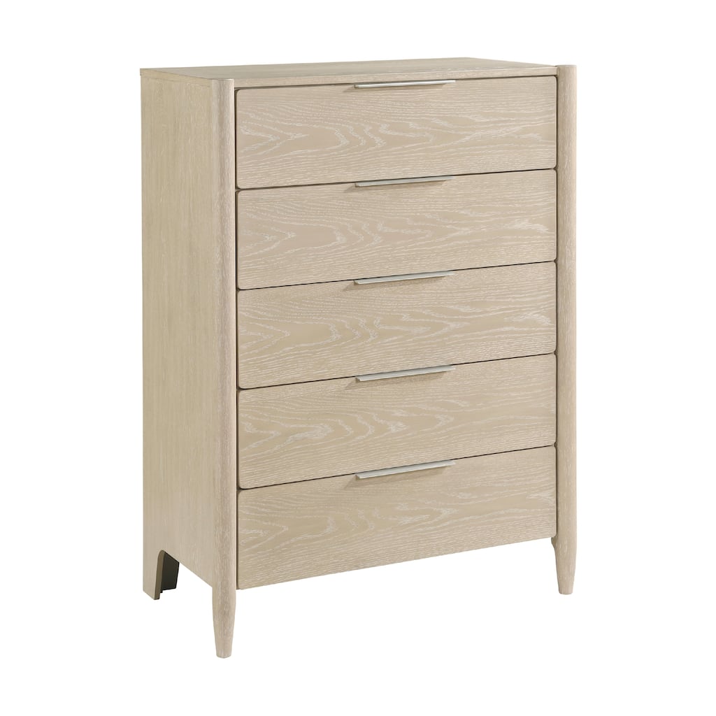 Maty Tall Dresser Chest, 5 Drawers, Light Oak Brown Ceruse Wood