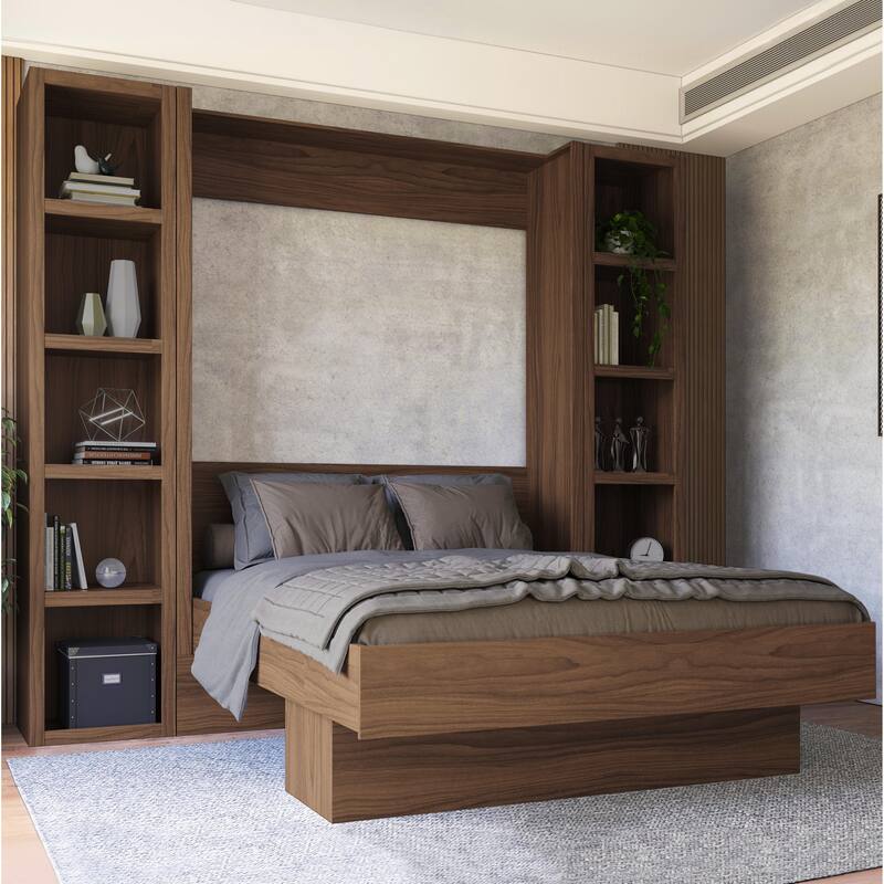 Easy-Lift Queen Murphy Wall Bed in with Two Bookshelves - Brown