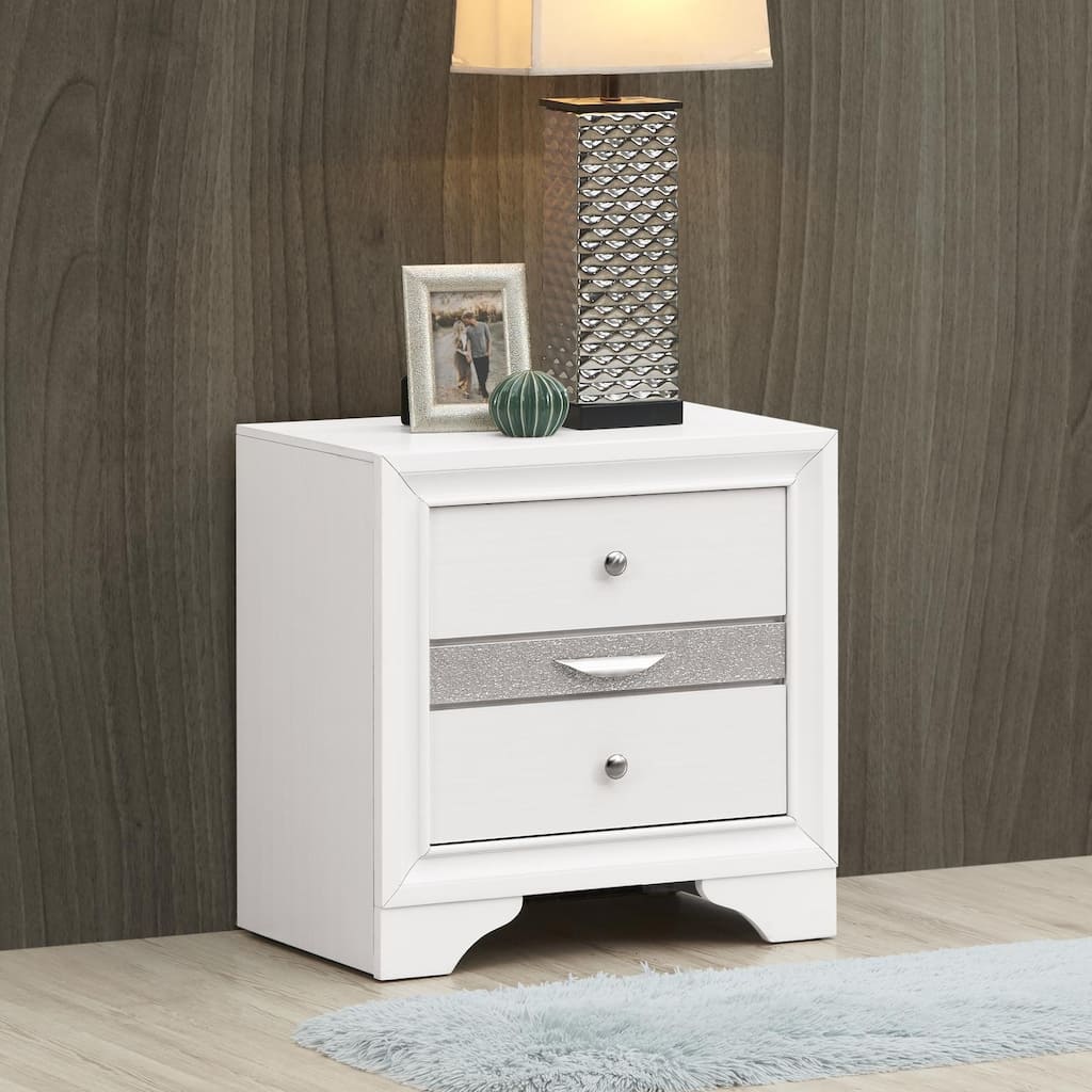 Modern wood nightstand with three drawers and metal handles