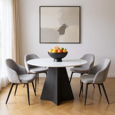 HomeRoots 48" White and Black Sintered Stone and Steel Pedestal Base Round Dining Table - 48.00 in. x 30.10 in. x 48.00 in.