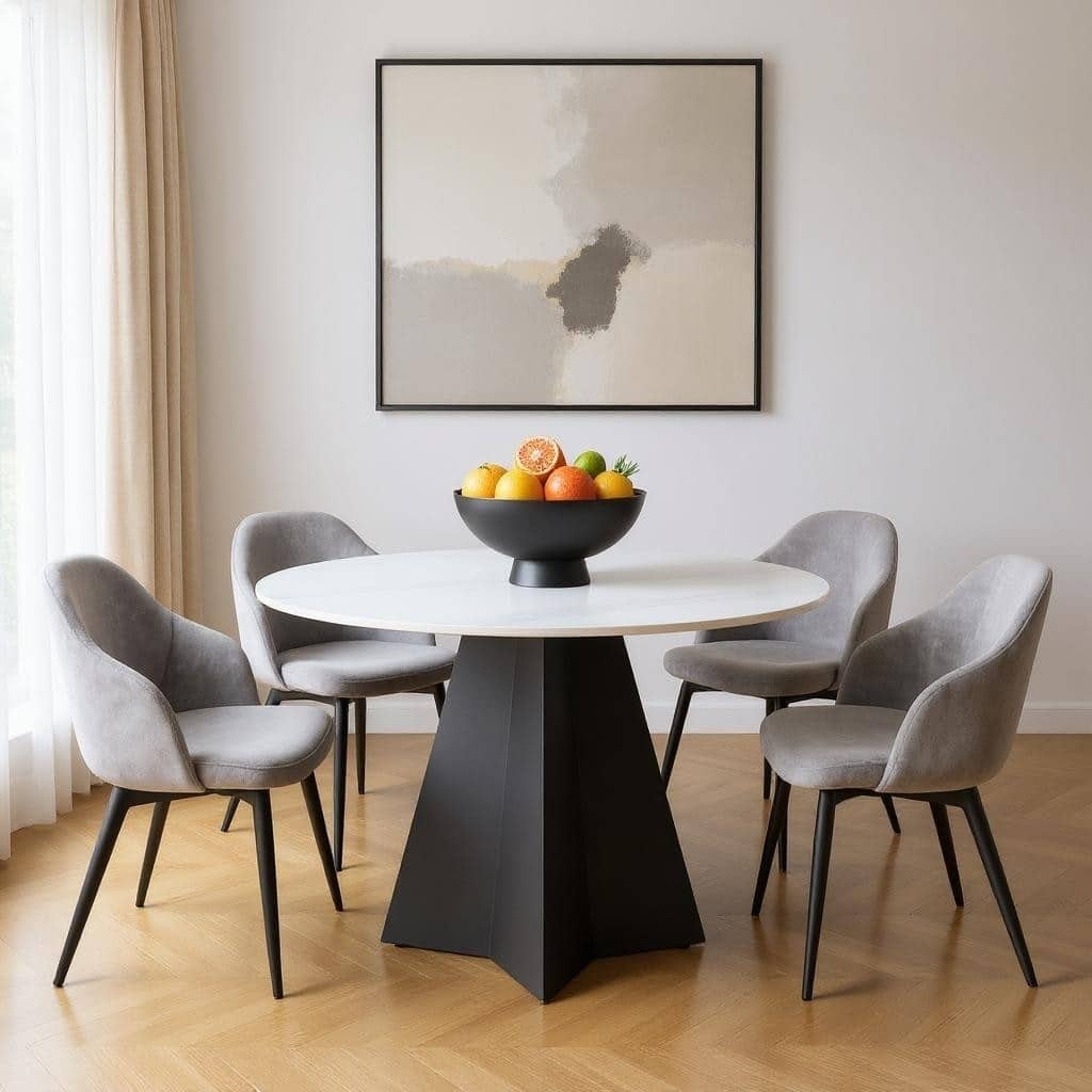 HomeRoots 48" White and Black Sintered Stone and Steel Pedestal Base Round Dining Table - 48.00 in. x 30.10 in. x 48.00 in.