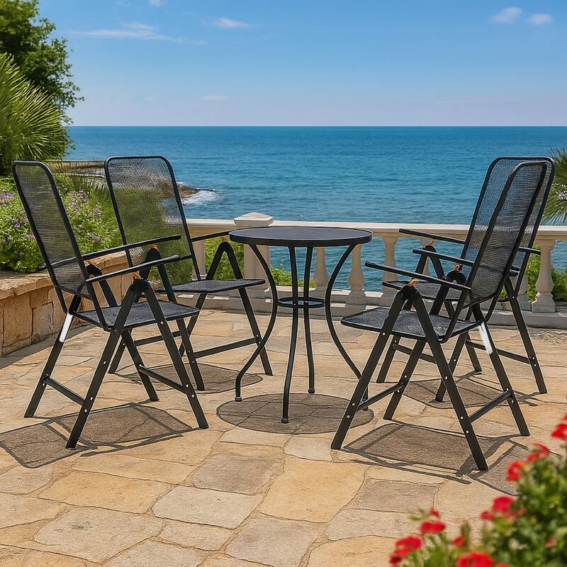 Troy 5pc Outdoor Foldable Dining Chair and Table Set, Mesh Gray Metal