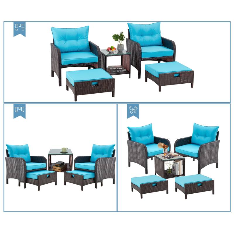 AVAWING 5-Piece Outdoor Blue Wicker Rattan Conversation Set with Ottoman Table
