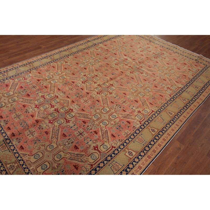 Pink Geometric Anatolian Turkish Vintage Area Rug Handmade Wool Carpet - 6'5" X 9'9"