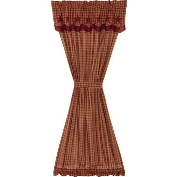 VHC Primitive Prairie Panel Pair Burgundy Check Curtains Rod Pocket Red