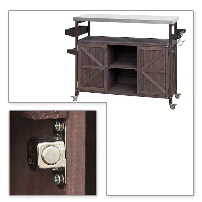 Vintage Stylish Wooden Kitchen Island with Stainless Steel Top, Indoor/Outdoor Use