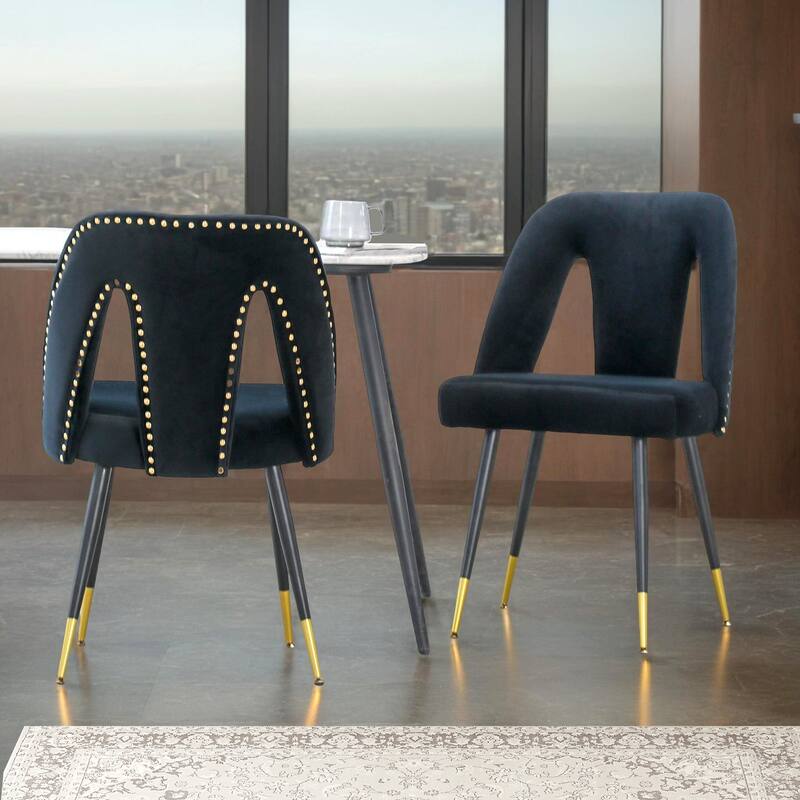 Akoya Collection Modern | Contemporary Velvet Upholstered Dining Chair with Nailheads and Gold Tipped Black Metal Legs