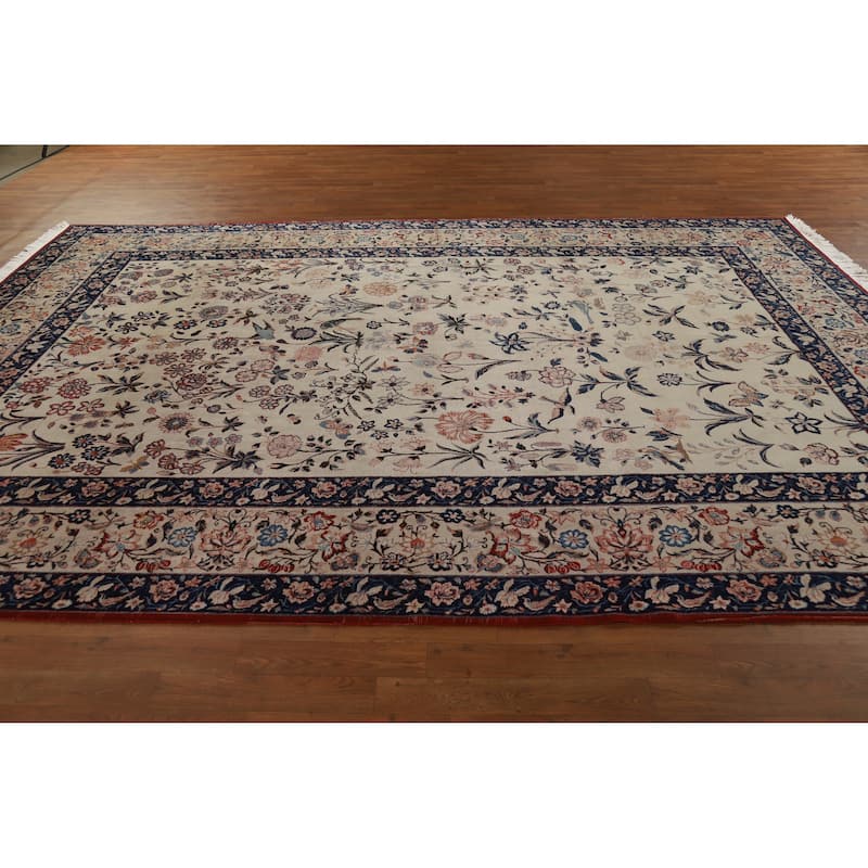 Hand Knotted Oriental 100% Wool Carpet Traditional All-Over Beige & Ivories Isfahan Area Rug - 12' 0'' X 8' 3''