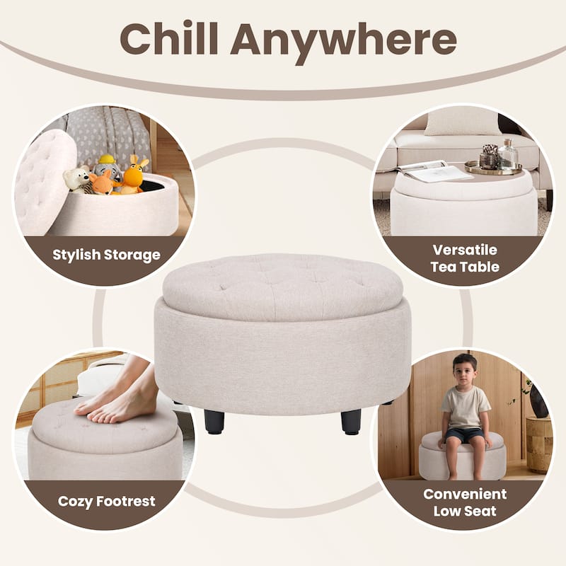 RENEWLINE Fabric Storage Ottoman with Tray Lid - Footrest & Hidden Storage for Living Room​
