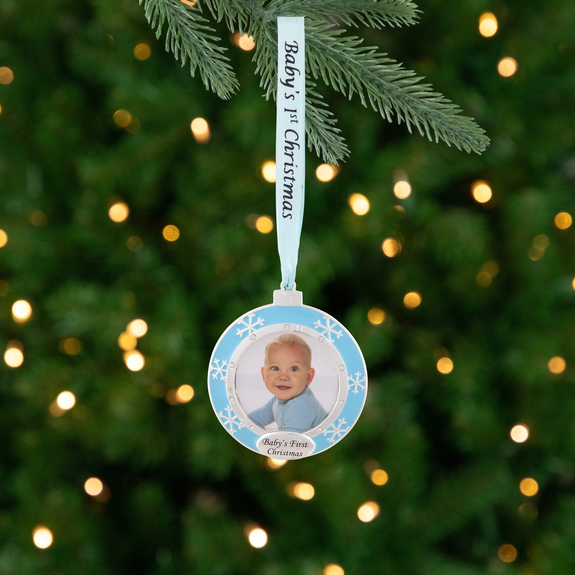 3" Blue Silver-Plated Baby's First Christmas Ornament European Crystal