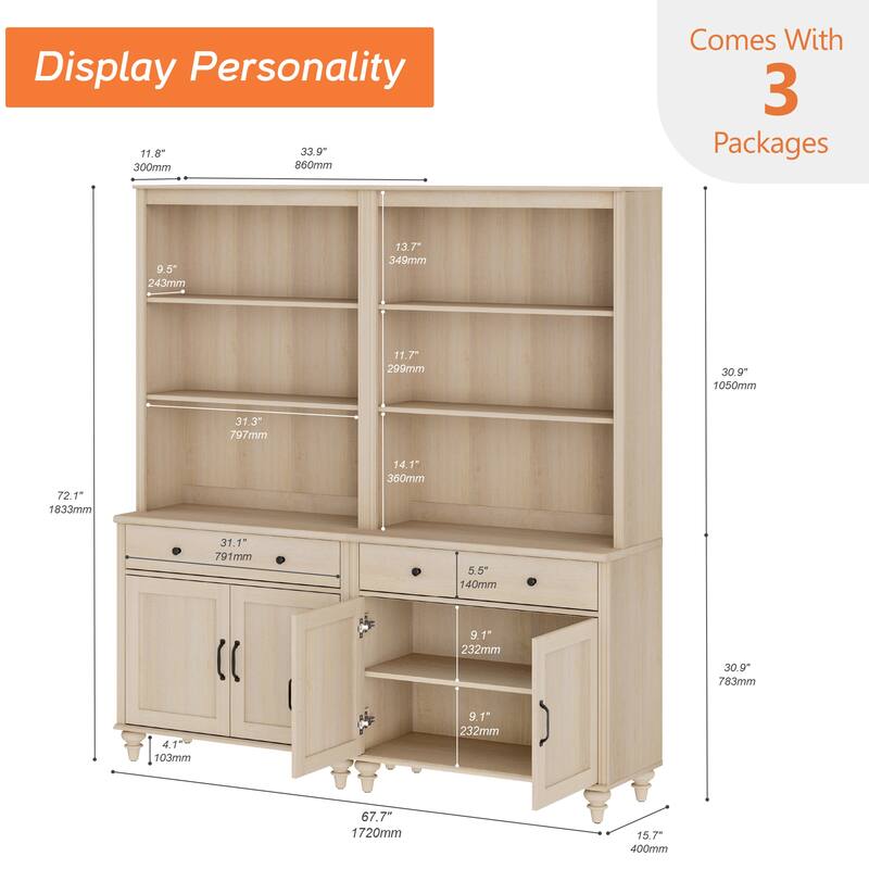 Light Beige Bookcase with Doors, Large Wood Farmhouse Book Case Shelf