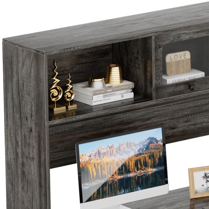 L Shaped Desk with File Cabinet and Hutch, Home Office Corner Computer Desk with Drawers and Charge Station